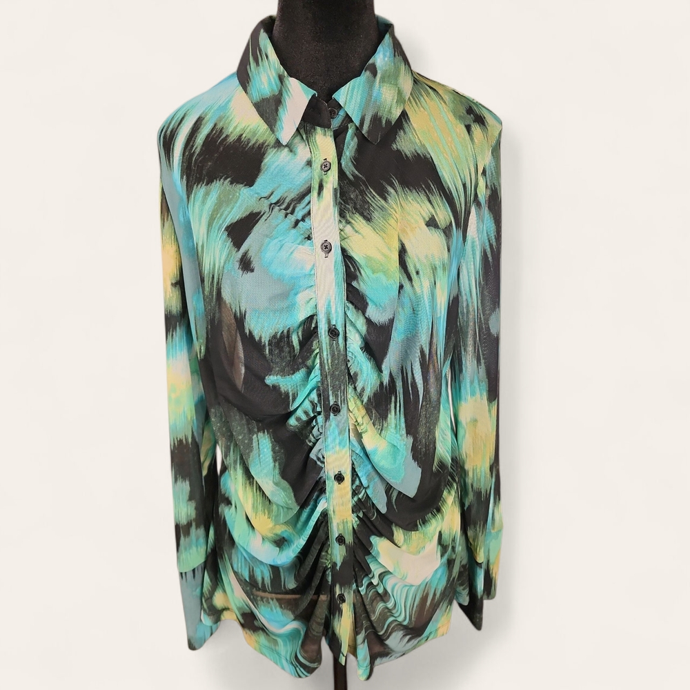 FUTURE COLLECTIVE | Vibrant Abstract Sheer Art To‎ Wear Button Down Shirt | XXL